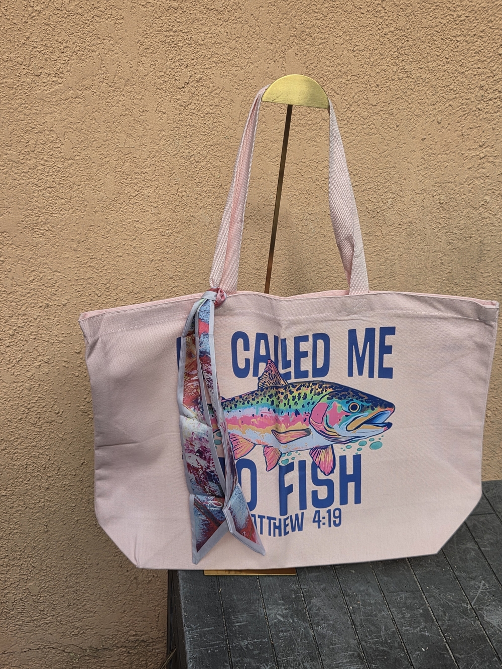 Pink Canvas Tote with Colorful Fish Print